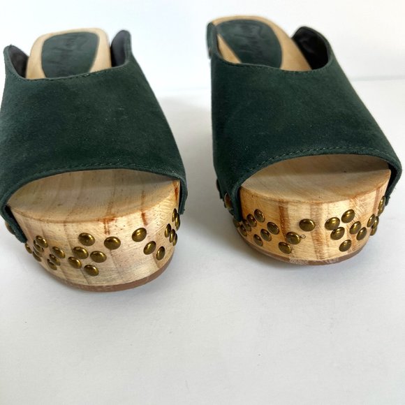 FREE PEOPLE Green Colbie Wooden Clogs 37 Studded Platform Suede - Picture 8 of 11